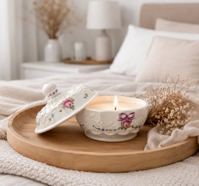 A lit candle in a floral porcelain holder on a wooden tray, beside dried flowers on a bed with white linens, in a cozy bedroom.
