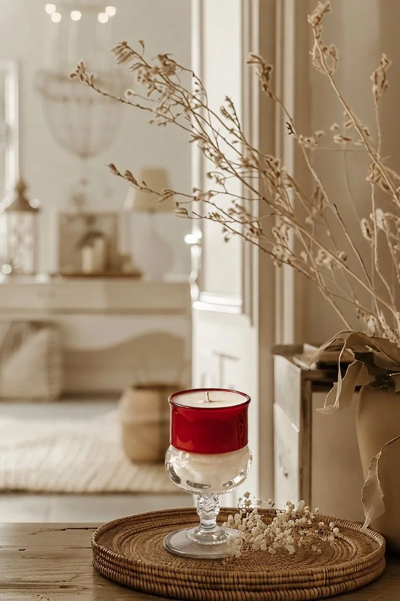 A decorative red candle in a glass holder placed on a wicker tray, with a dried flower arrangement in a ceramic vase nearby, in a cozy, softly lit room.