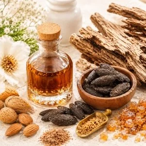 Aromatherapy scene with a small bottle of essential oil, black stones in a bowl, wooden sticks, almonds, and herbs.