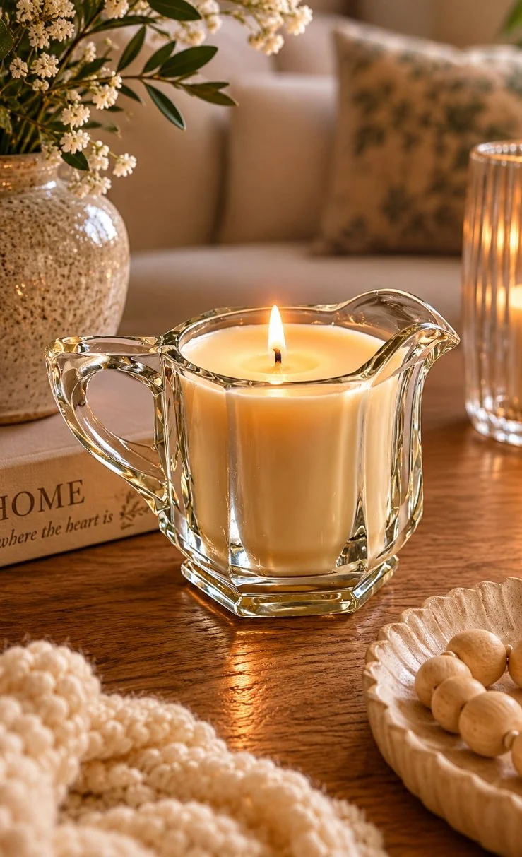A lit candle in a clear glass candle holder on a wooden table, surrounded by decorative objects including a vase with white flowers and green leaves, a wooden dish with round objects, and a cozy knotted blanket.