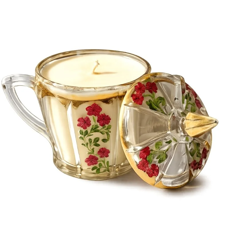 A glass candle holder shaped like a teacup with a floral design, holding a white candle, and a matching lid with a gold and floral design leaning against it.