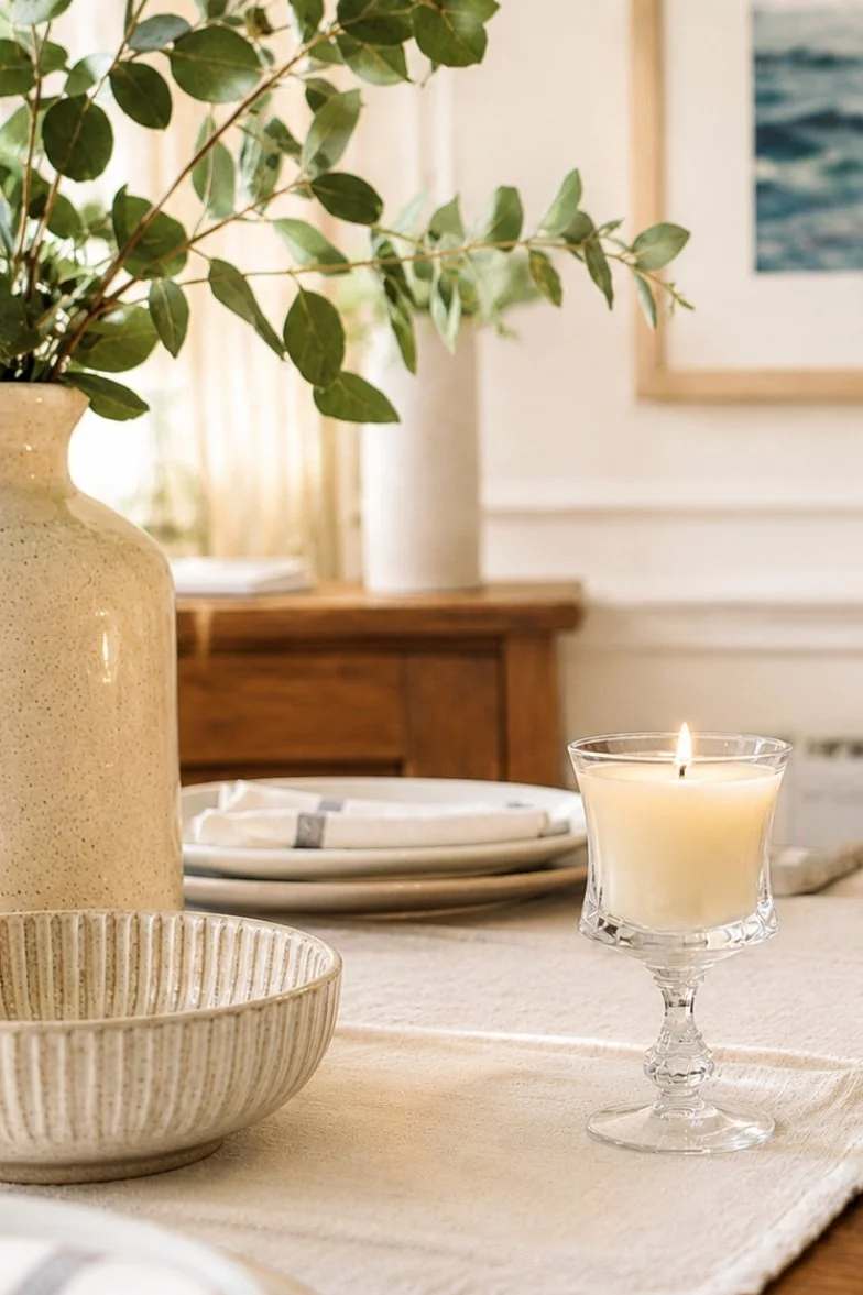 Decorative dining table with a large vase holding leafy green branches, a lit candle in a glass holder, and stacked white plates in a bright, cozy room.