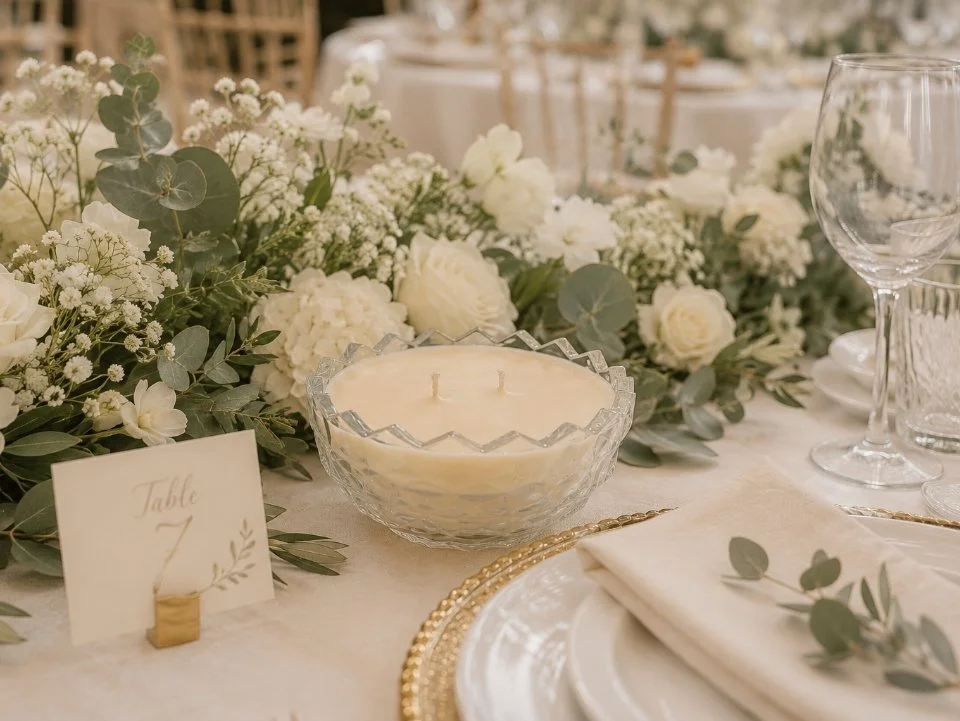 A wedding table centerpiece with white roses, baby's breath, eucalyptus, a candle in a glass holder, glassware, a table number card, and a napkin with greenery.