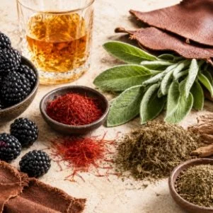 Assorted herbs and spices, including blackberries, a glass of whiskey, sage leaves, saffron, ground herbs, and dried meat slices.