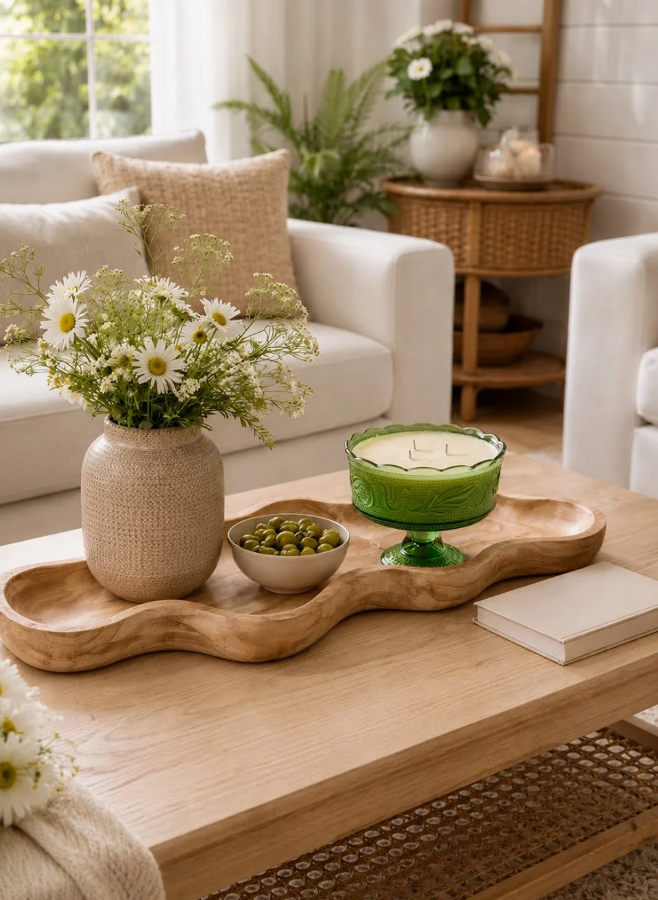 A cozy living room with a wooden coffee table holding a vase of daisies, a bowl of green olives, a white candle in a green glass holder, and a small stack of books. The background shows a white sofa with beige cushions, a wicker side table with a plant and decorative items, and a window letting in natural light.
