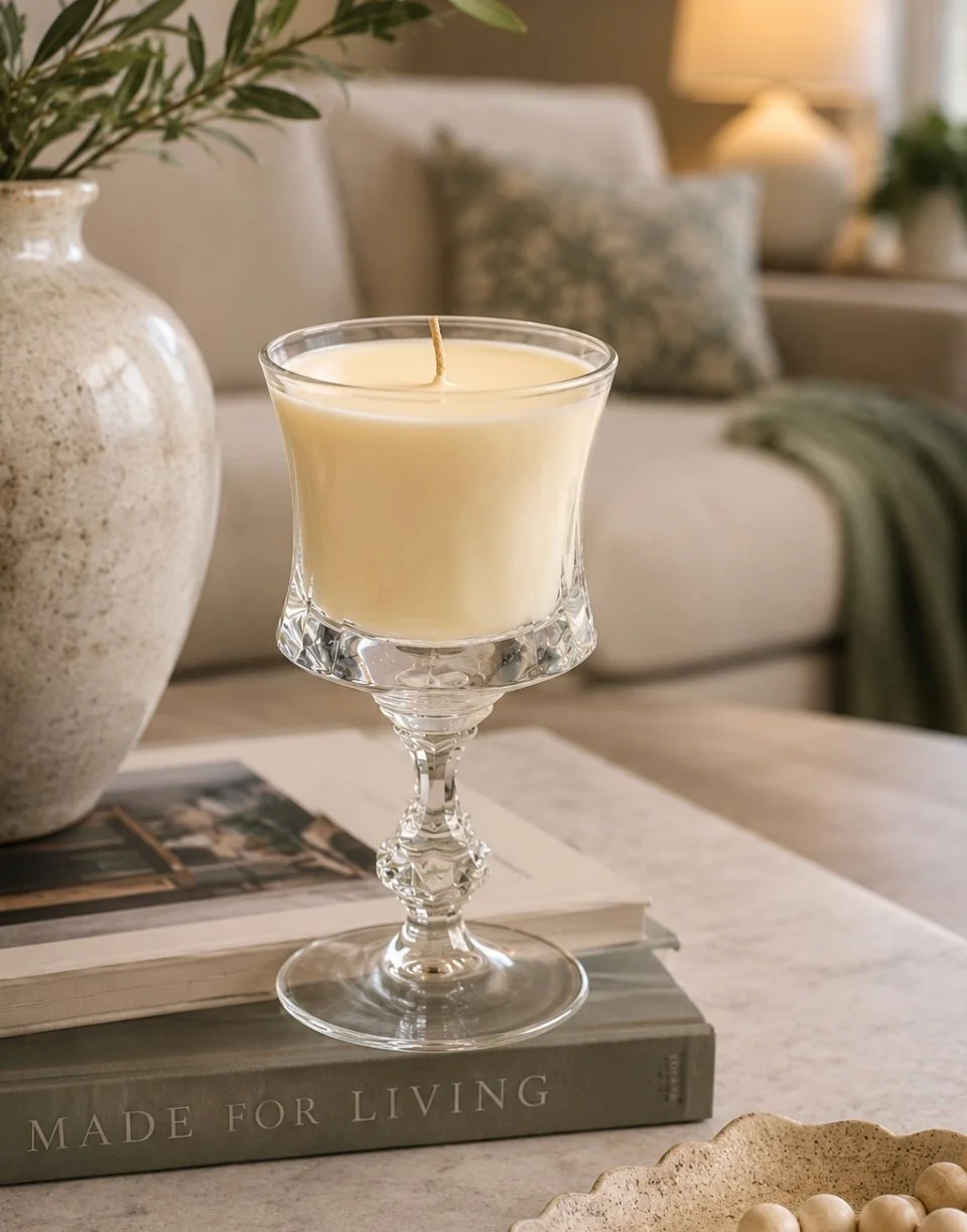 A lit cream-colored candle in a clear, decorative glass holder on top of a stack of books on a table, with a large ceramic vase with green foliage, a sofa, decorative pillows, and a table lamp in the background.