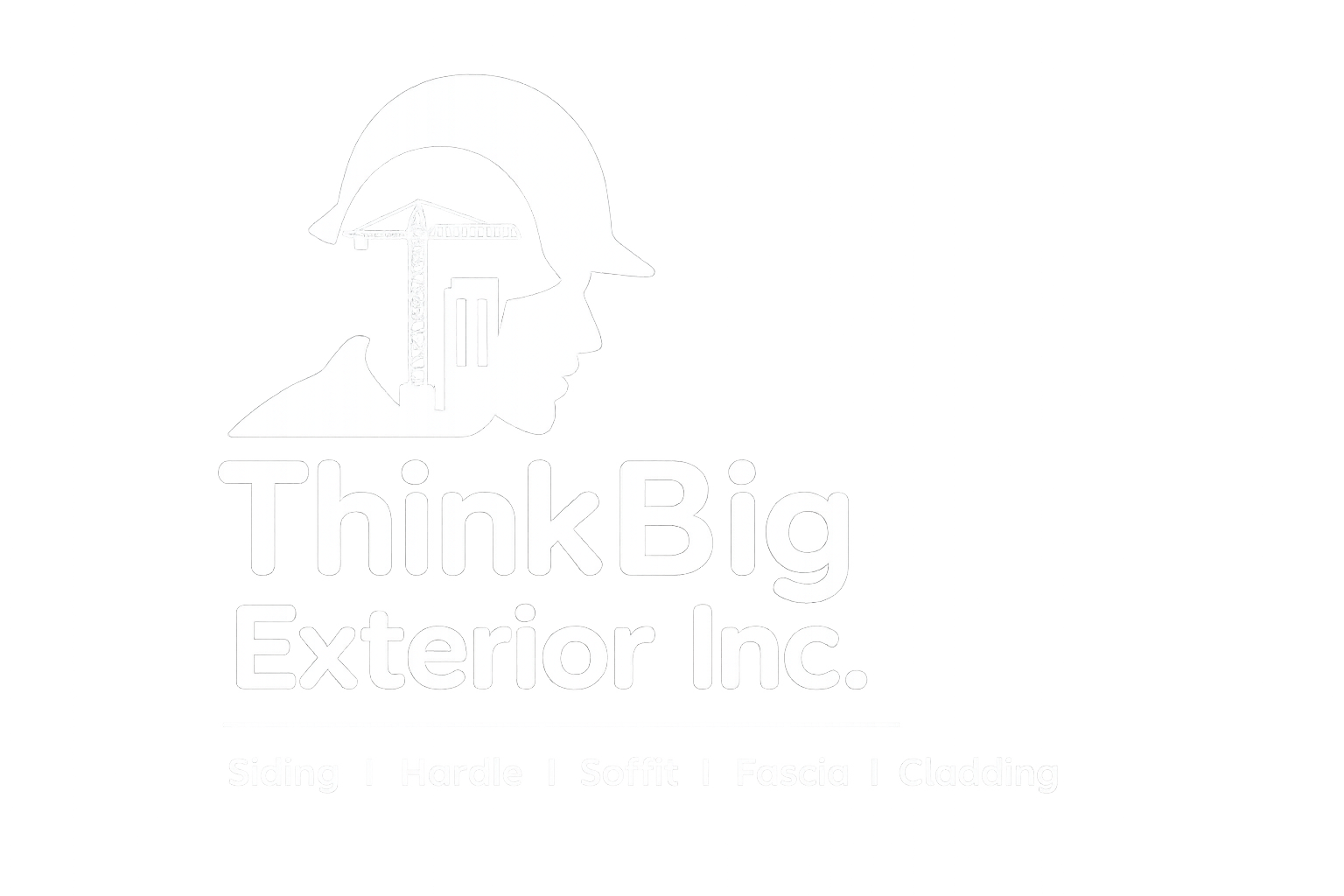 Logo for ThinkBig Exterior Inc., featuring a side profile of a person's head with a construction crane inside the head, and text indicating services like siding, hardie, soffit, fascia, and cladding.