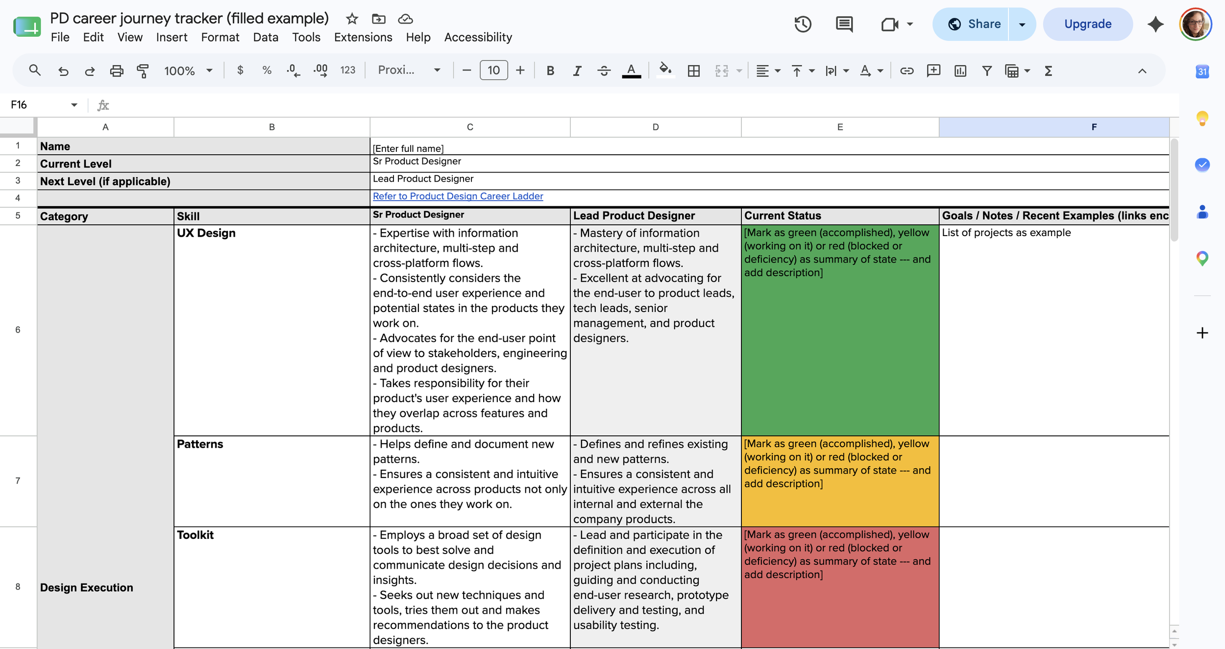Screenshot of a Google Sheets document titled 'PD career journey tracker (filled example)' that outlines career progression levels, skills, current status, and notes for a product designer's career development, including categories such as UX Design, Patterns, Toolkit, and Design Execution.