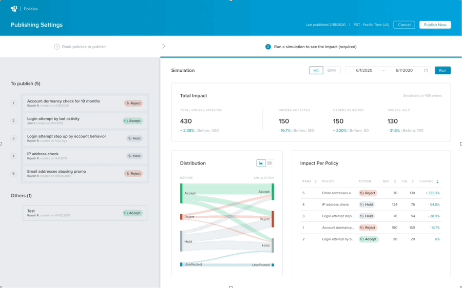 Screenshot of a website showing policies, simulation results on total impact of 430 orders, distribution of accept, reject, hold, and unaffected actions, and impact per policy including reject, hold, accept, with corresponding stats and changes.