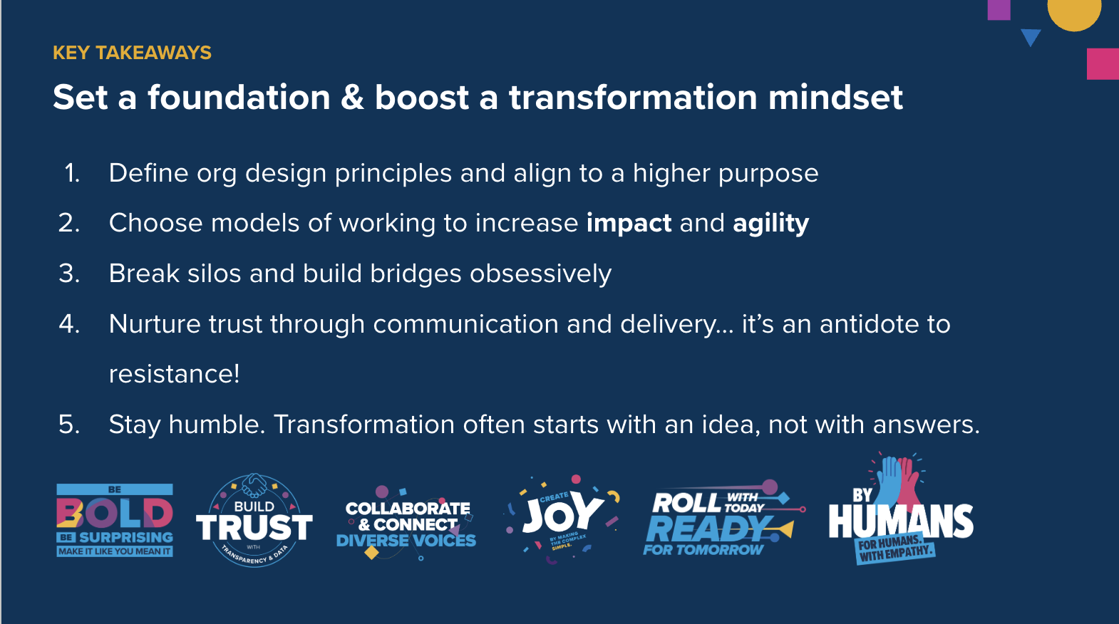 Key takeaways poster with five points about setting a foundation and boosting a transformation mindset.