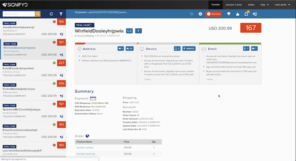 A screenshot of a web-based case management application platform showing a list on the left, each with a red or green status indicator and case number, a top navigation bar with user options, and a detailed view of a specific trial case in the center. The detailed view includes customer information, order summary, and emails related to a specific case.