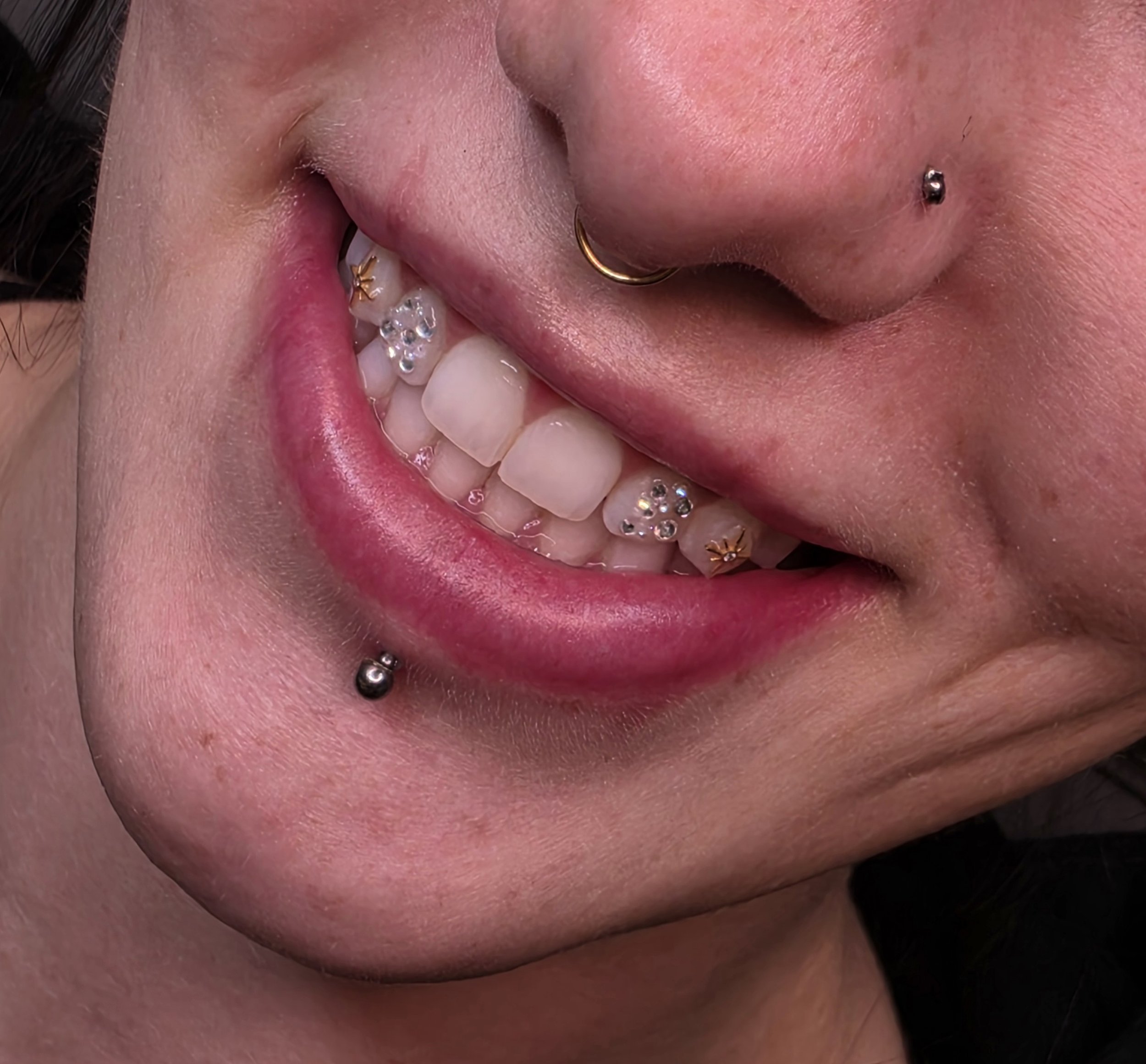 Close-up of a person's face focusing on the mouth and nose area, featuring multiple facial piercings including a nose ring, a septum piercing, and several earrings, with visible lips and teeth.