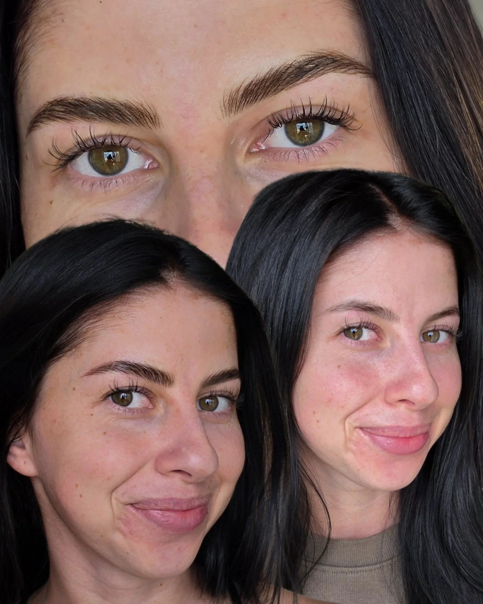 Close-up of two women with dark hair, showing their faces and eyes. The woman on the left has freckles and brown eyes, while the woman on the right has a fair complexion and brown eyes.