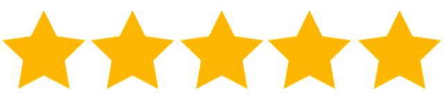 Five gold stars arranged in a horizontal line, representing a customer rating.