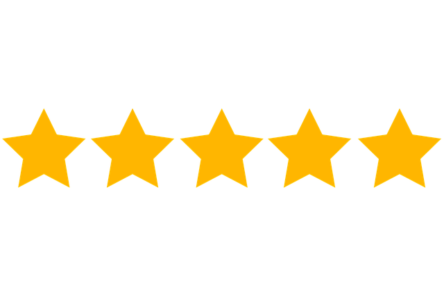 Five gold stars arranged in a horizontal line, representing a customer rating.