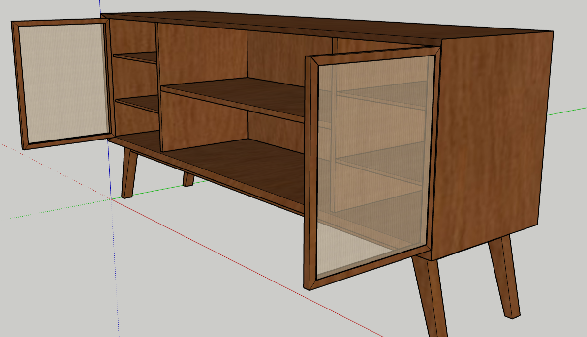 Computer sketch of long media credenza with short splayed legs, a long open interior shelf, two side compartments with open doors, each containing two shelves. The doors are covered with a tan mesh material.