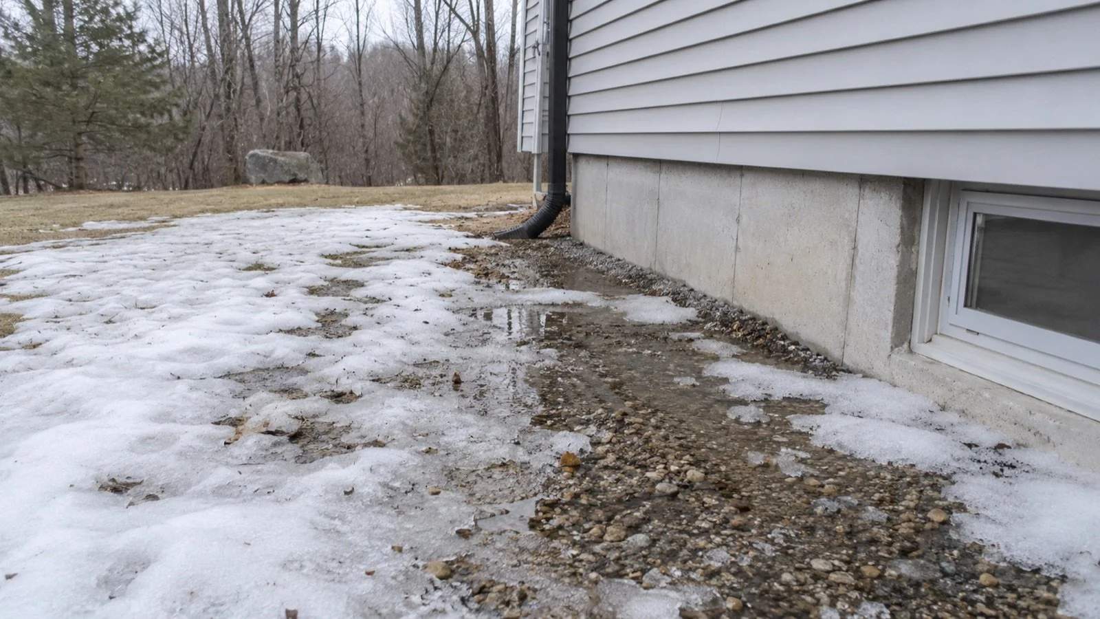 Melting snow and pooling water beside a home foundation in early spring