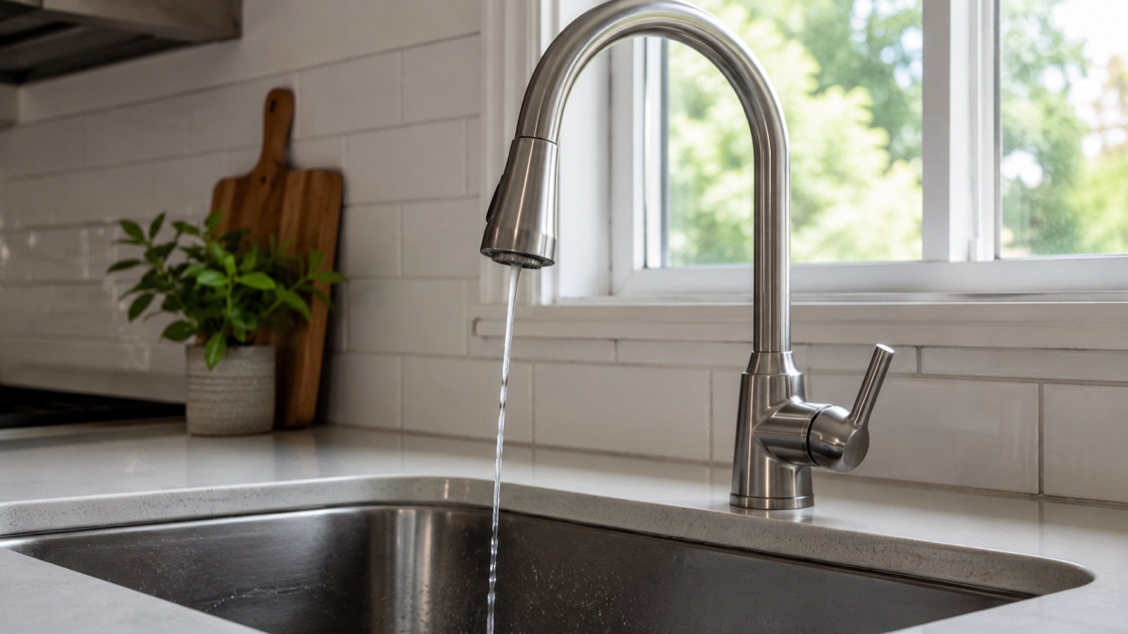 Kitchen faucet running a weak stream of water from low water pressure