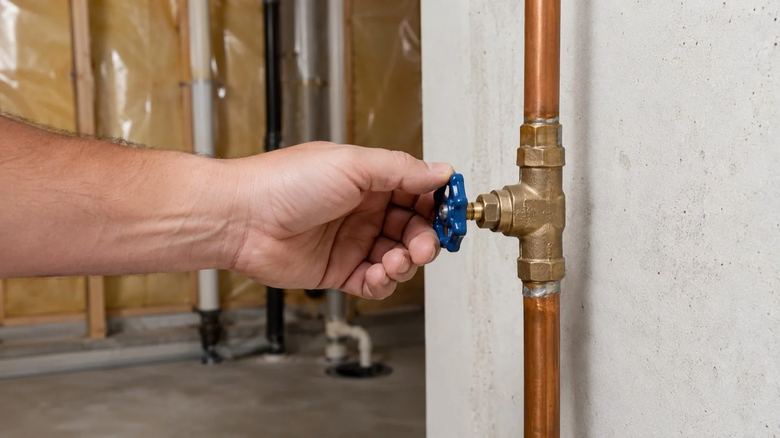 Hand turning a main water shutoff valve on a copper pipe in a basement