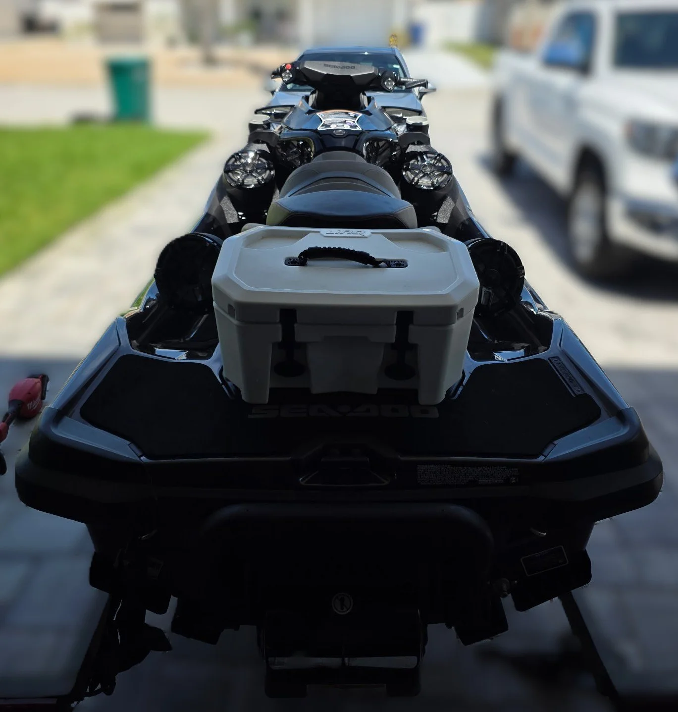 Custom Sea-Doo audio build featuring fabricated front and rear speaker pods, premium marine speakers, and competition-inspired system design by Ultimo Marine.
