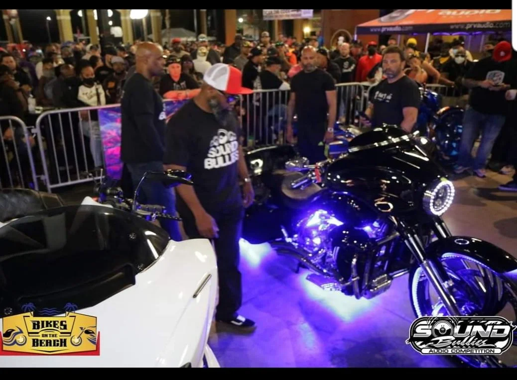 Paul DeGregorio presenting an award-winning custom motorcycle audio build at a national motorcycle sound competition, demonstrating advanced installation, tuning, and system design expertise.