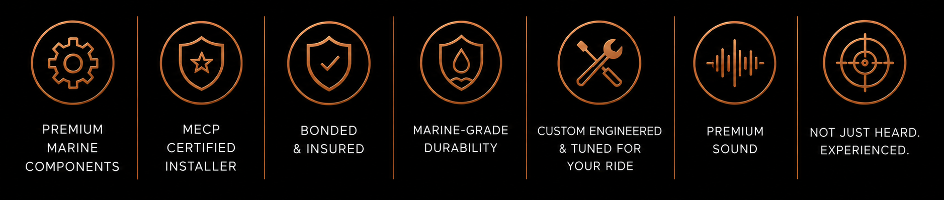Ultimo Marine premium marine audio installation benefits including MECP certified installation, bonded and insured service, marine-grade durability, custom engineered systems, premium sound quality, and performance tuning.