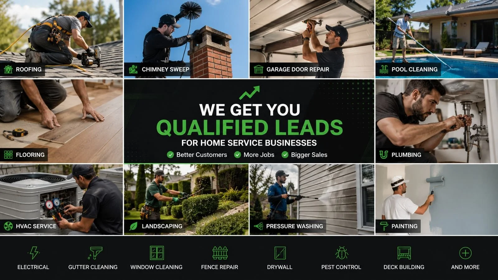 Collage of home service workers performing various tasks: roofing, chimney sweeping, garage door repair, pool cleaning, flooring work, plumbing, HVAC service, landscaping, pressure washing, and painting, with a central banner promoting qualified leads for home service businesses.