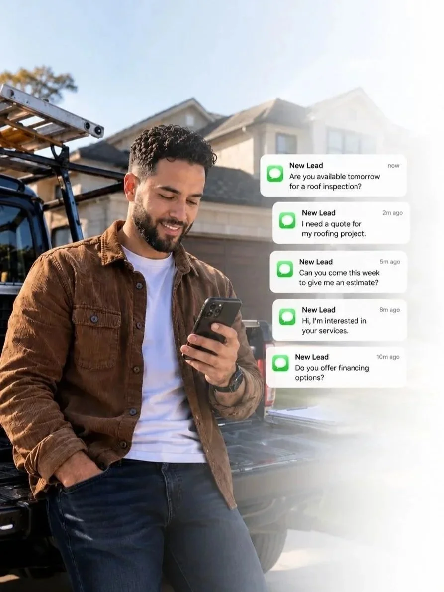 Man standing outdoors near a truck, looking at his phone, with multiple text message notifications from a lead about roofing services.