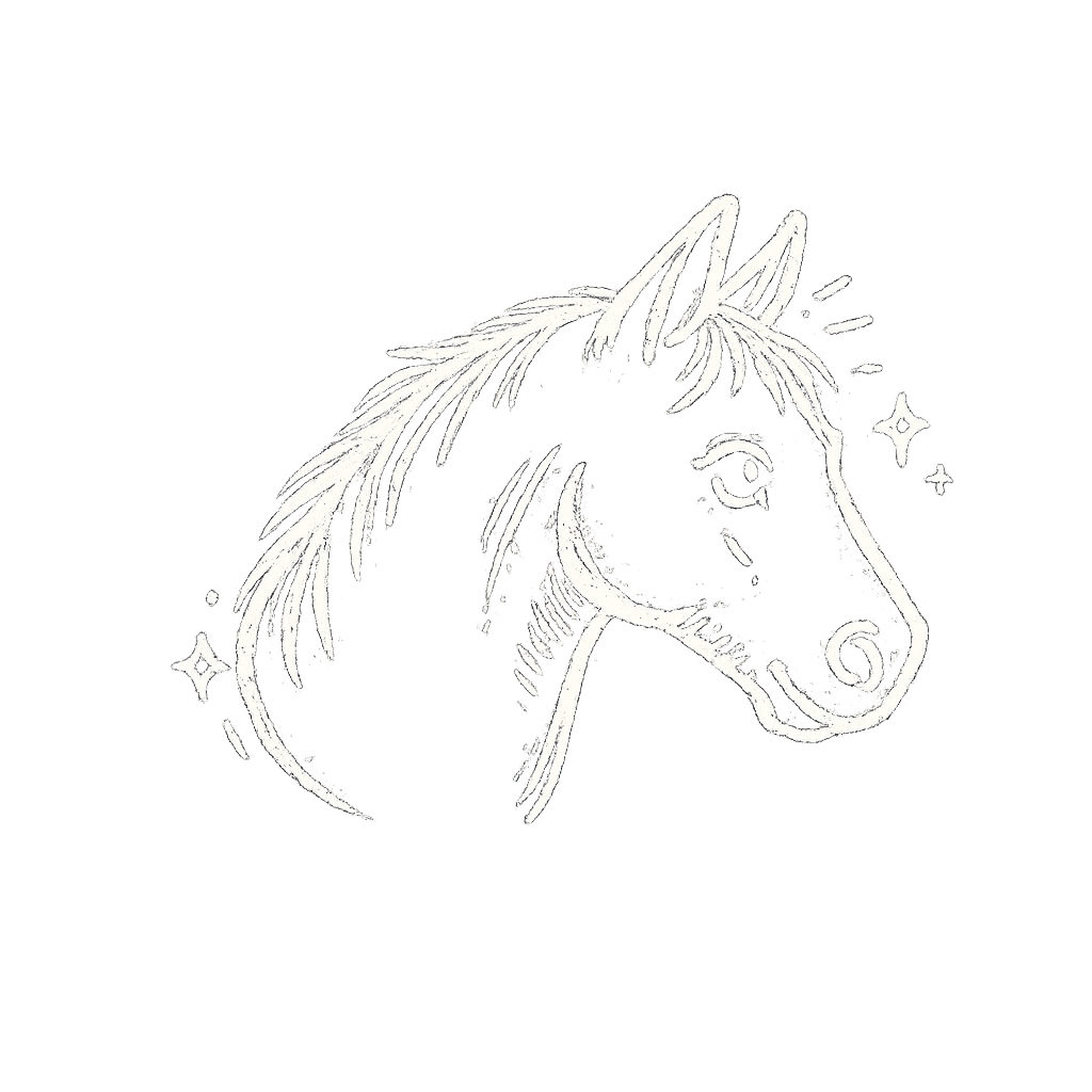 Dessin d'une tête de cheval blanche avec des étoiles scintillantes sur un fond noir.