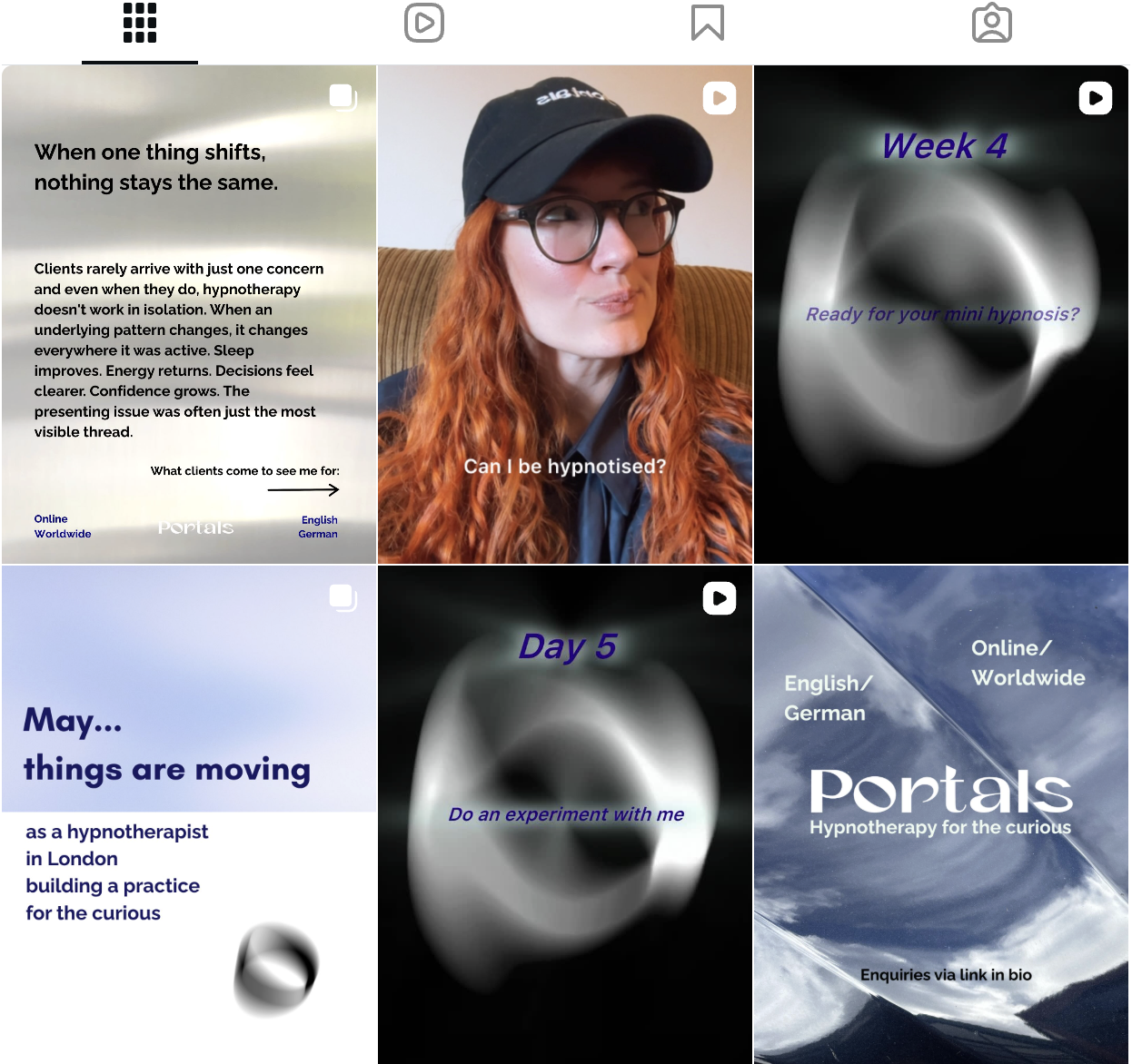 A collage of six images promoting hypnotherapy courses and services. The images include text about client progress, weekly themes, and invitations for experiments, featuring a woman with red hair and glasses in the center photo.