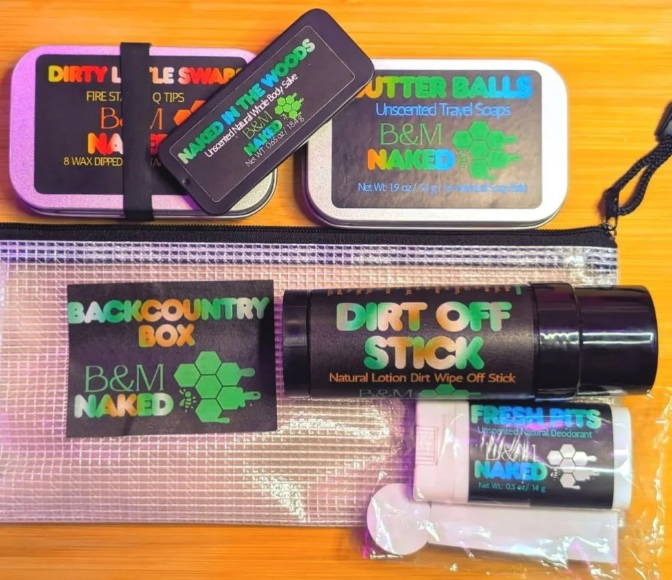 CALLING ALL HUNTERS, CAMPERS &amp; OUTDOOR PEOPLE!

Meet the Back Country Box. Made for getting out there, getting dirty, and still smelling like a civilized human when you&rsquo;re done. 

Packed with fire starters, shower soaps, a Dirt Off Stick, F