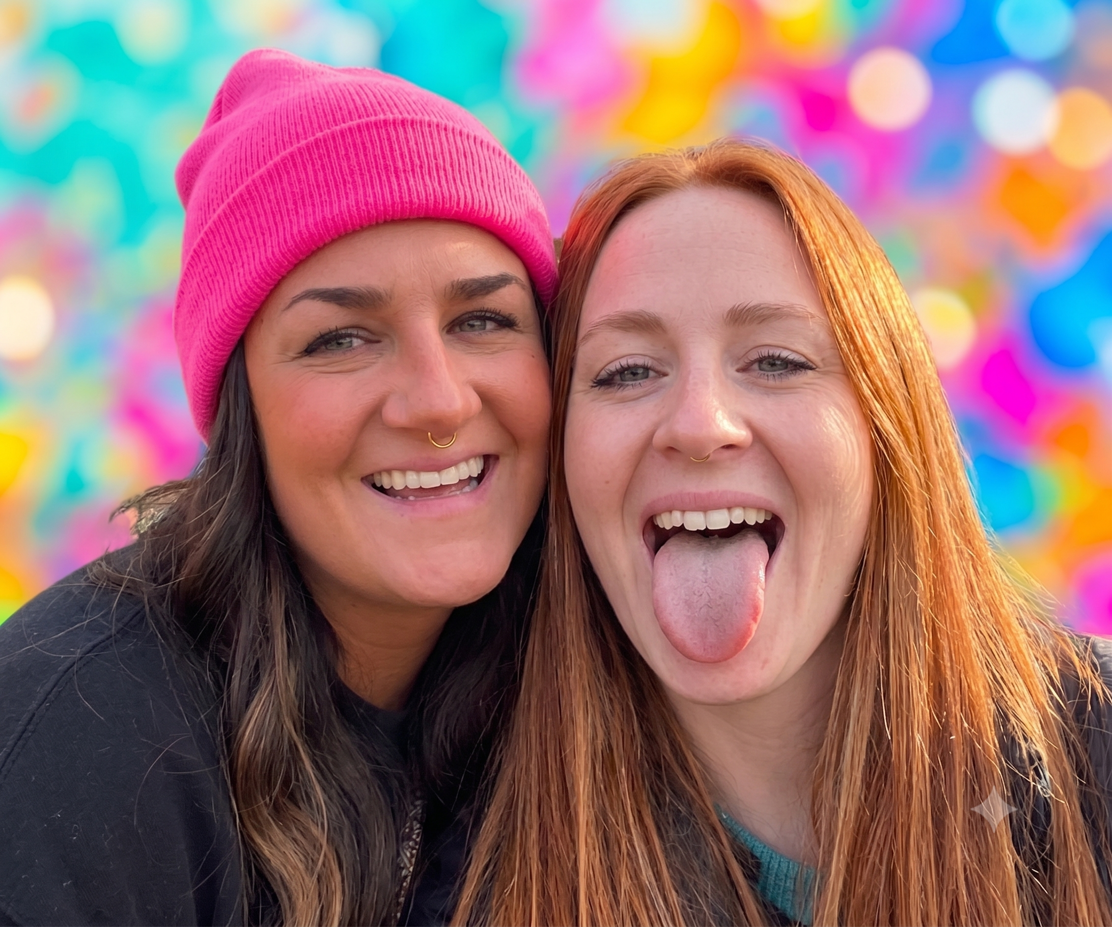 Two women smiling and posing for a photo in front of a colorful, blurred background. One woman has long dark hair and is wearing a pink beanie; the other has red hair and is sticking out her tongue.
