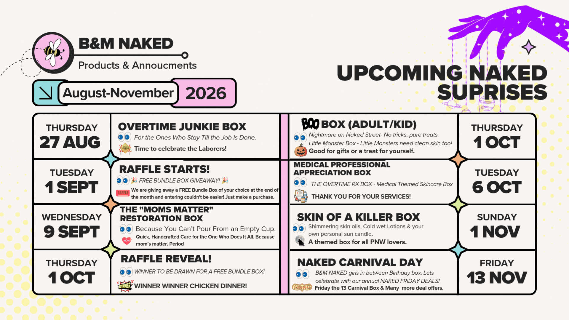 A colorful schedule of upcoming product releases and promotions for B&M NAKED, running from August to November 2026, including boxes for various themed products and giveaways.