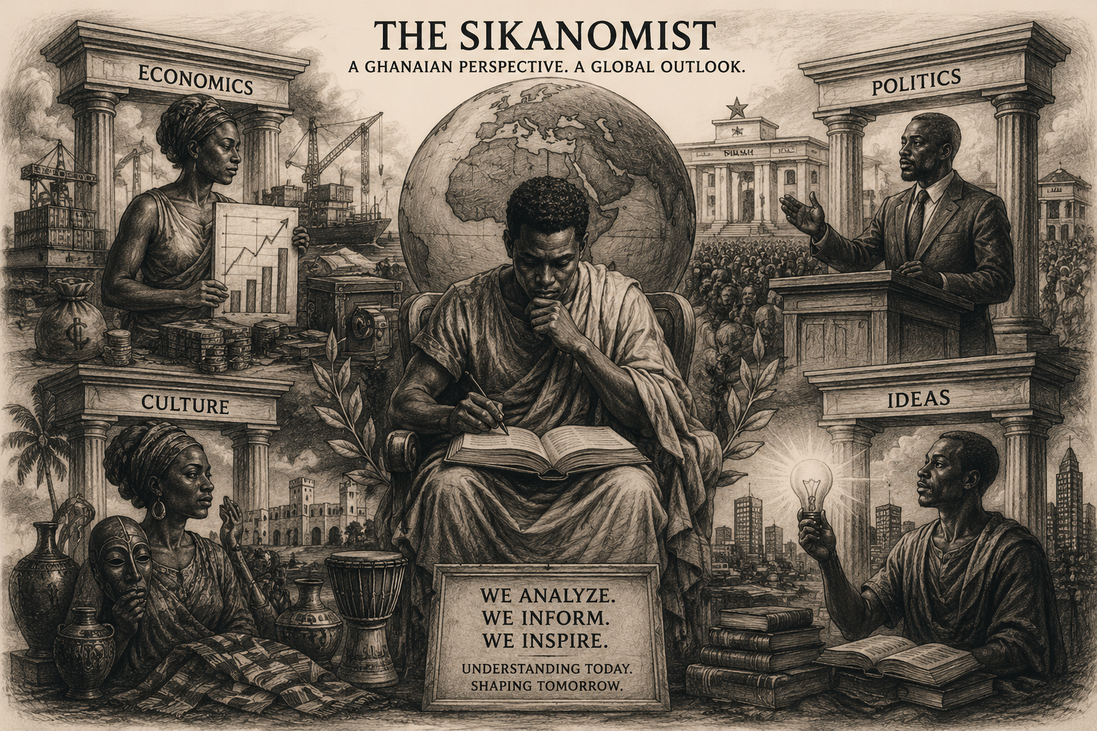 An illustration titled 'The Sikanomist' depicting a Ghanaian perspective on global issues, with individuals representing economics, politics, culture, and ideas. Central figure is a thinker writing in a book, surrounded by symbols of development and knowledge, including a globe, cityscape, and historical artifacts.