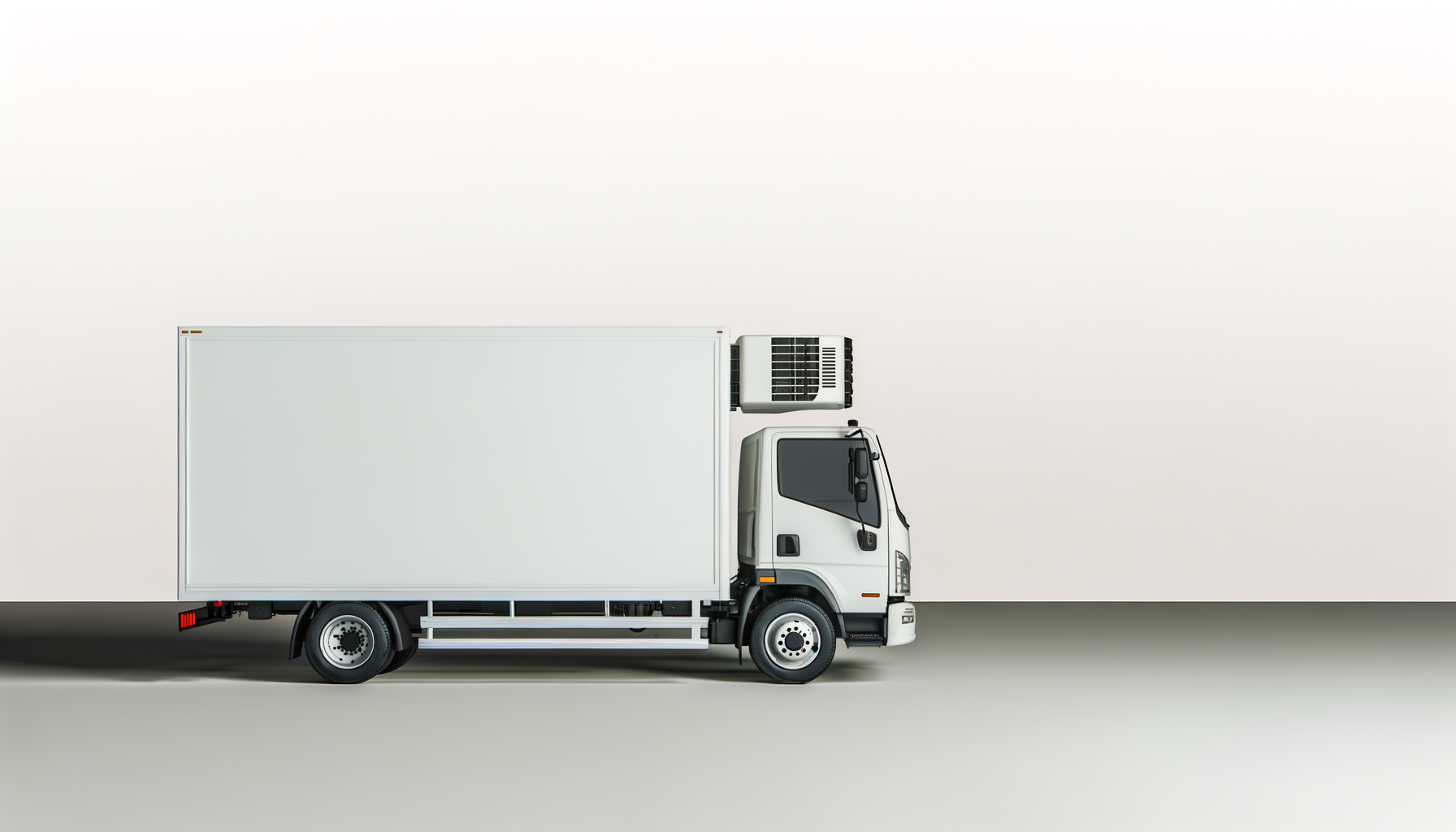 A white refrigerated delivery truck parked on a plain surface against a simple, light-colored background.
