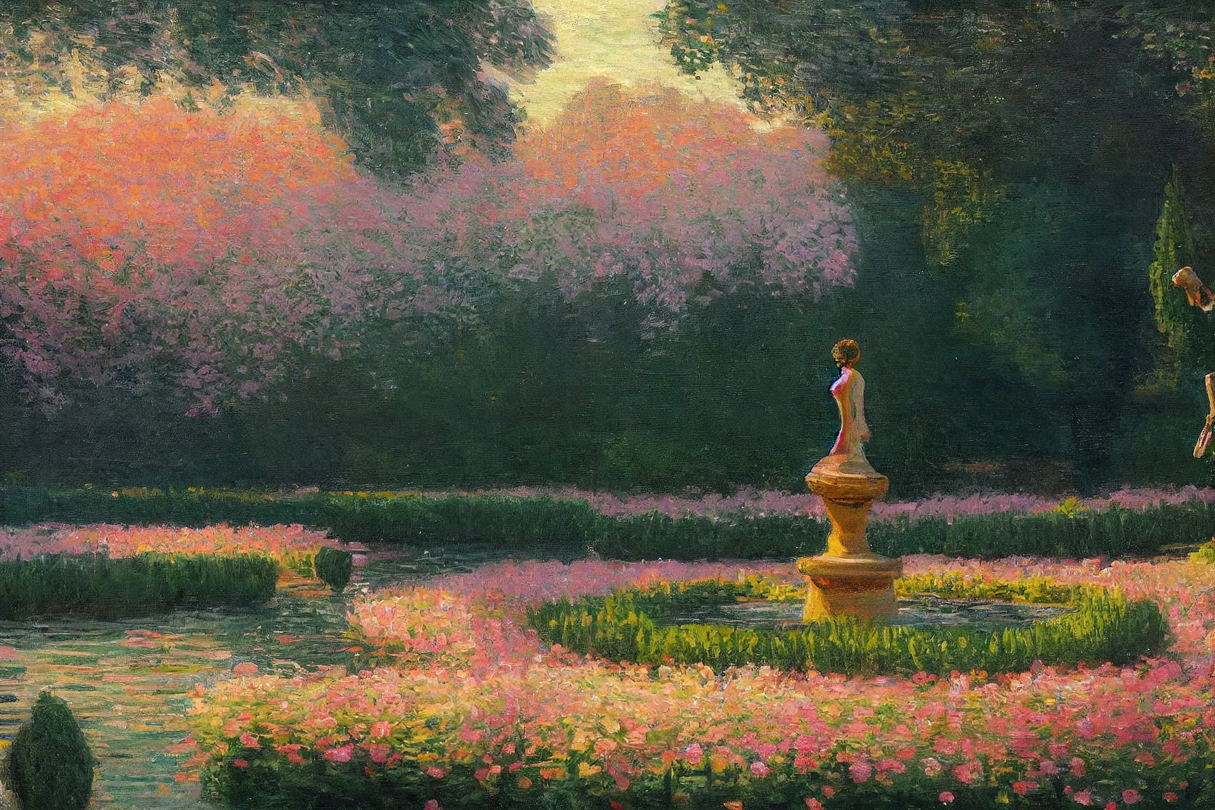 A garden with colorful pink and orange flowers and green trees, featuring a statue of a young girl with curly hair standing among the flowers and a fountain in the foreground, illuminated by warm sunlight.