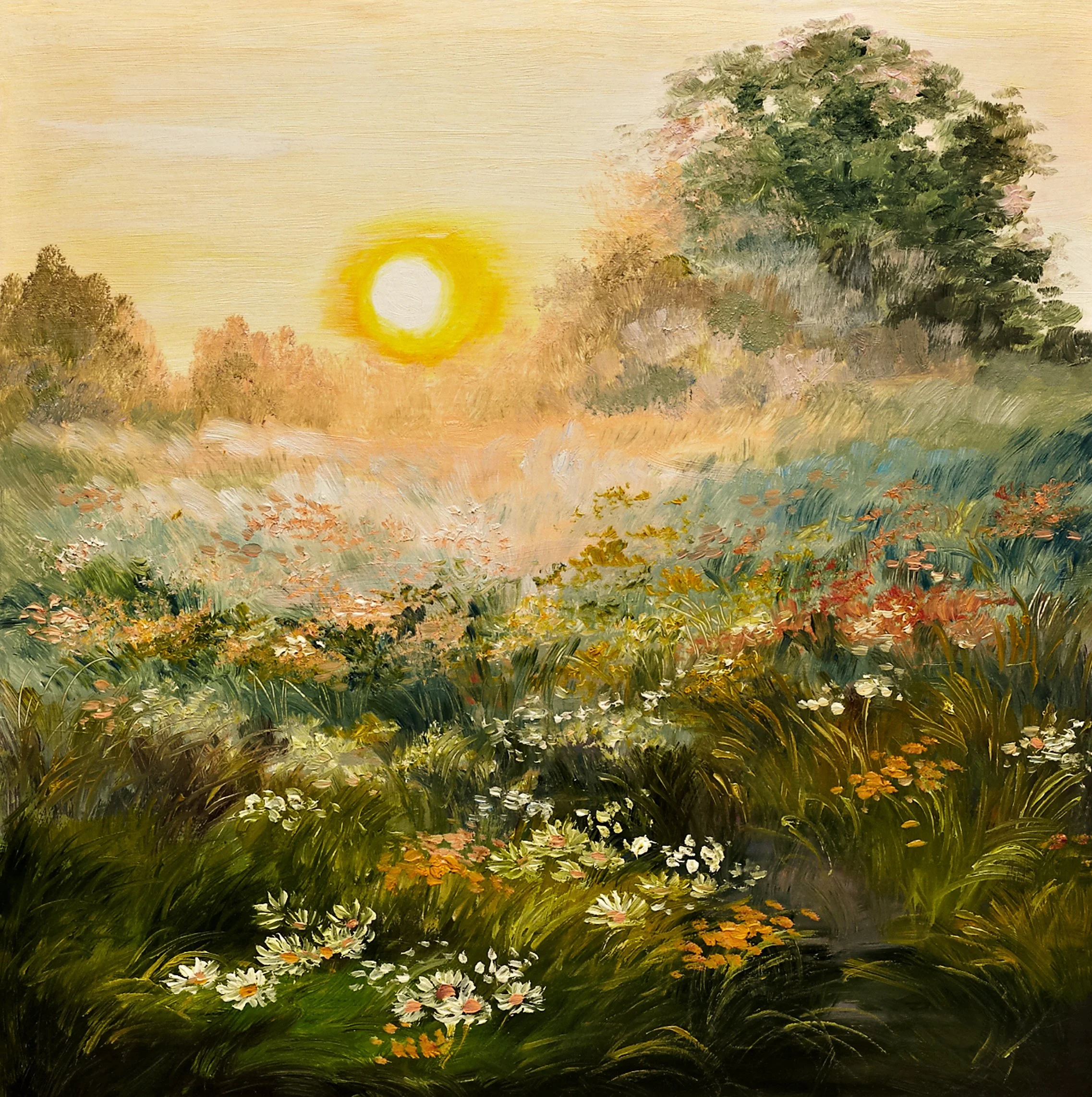 An impressionist landscape painting of a sunset over a field with trees and flowers, featuring a warm yellow sun, green grass, and blooming flowers.