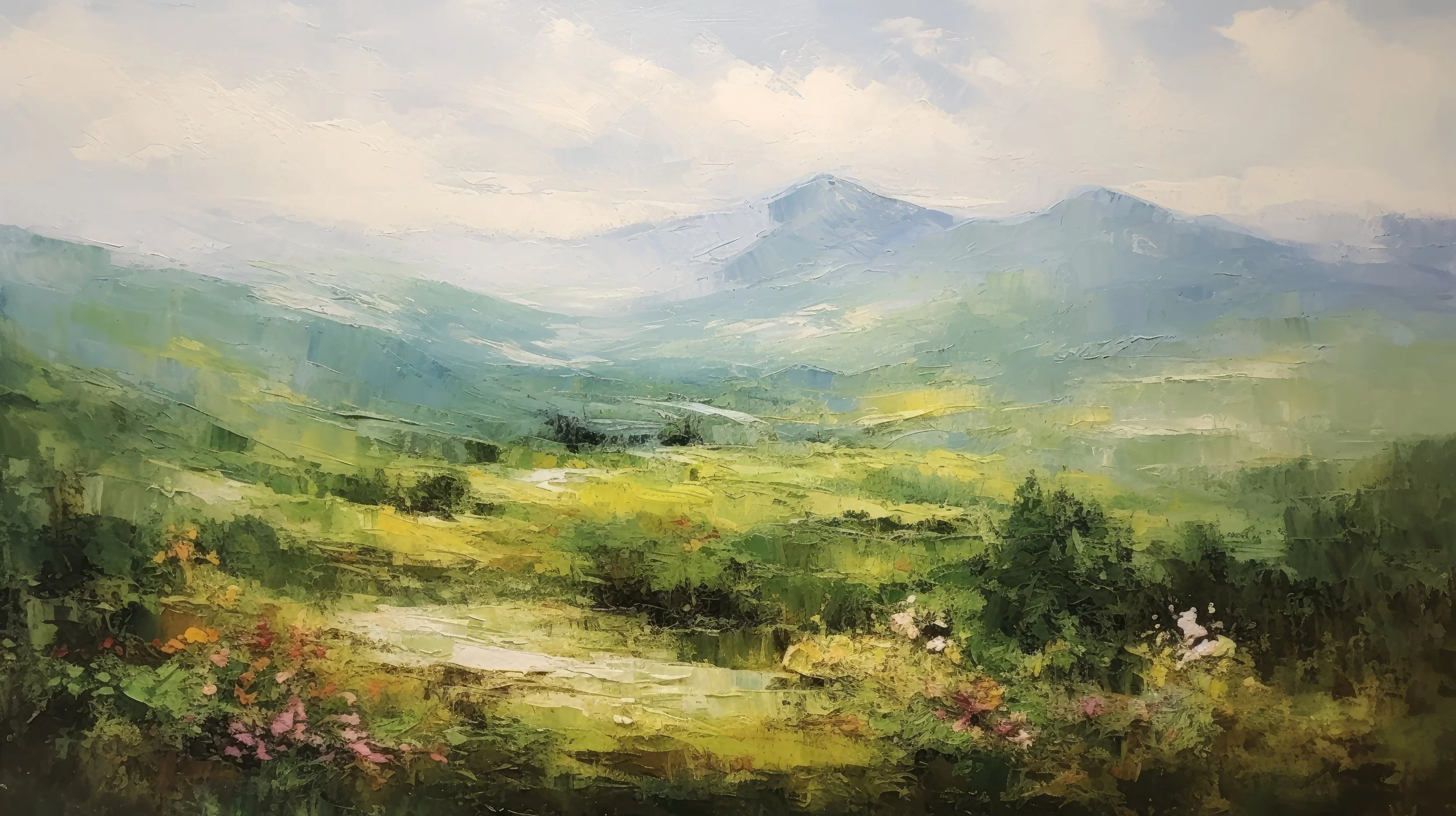 A watercolor painting of a lush green valley with rolling hills and distant mountains under a cloudy sky.