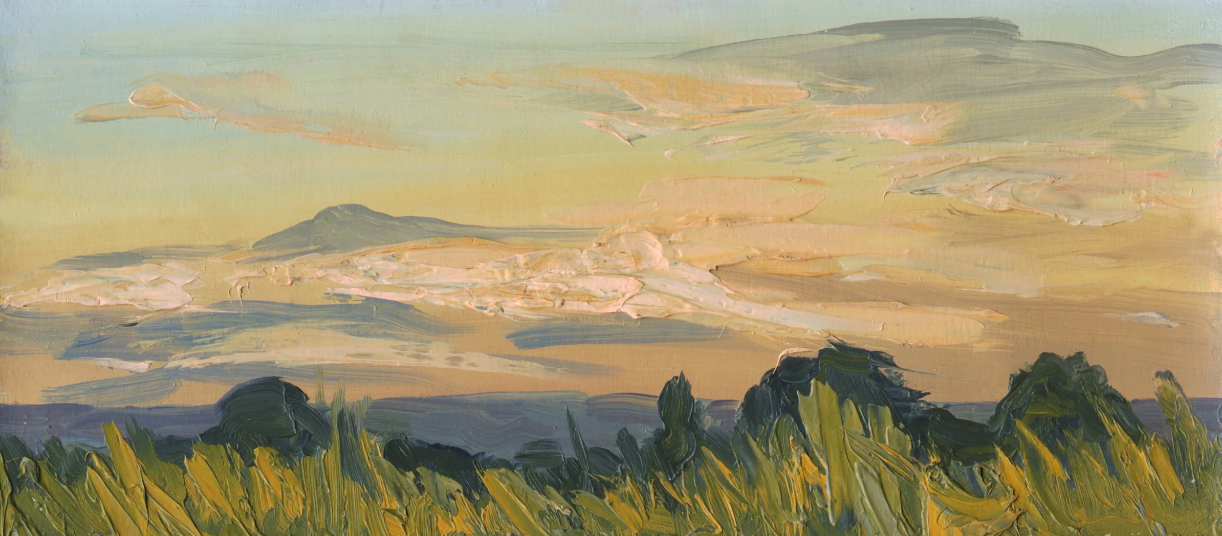 Oil painting of a landscape with a sky filled with clouds, distant mountain, and green foliage in the foreground.