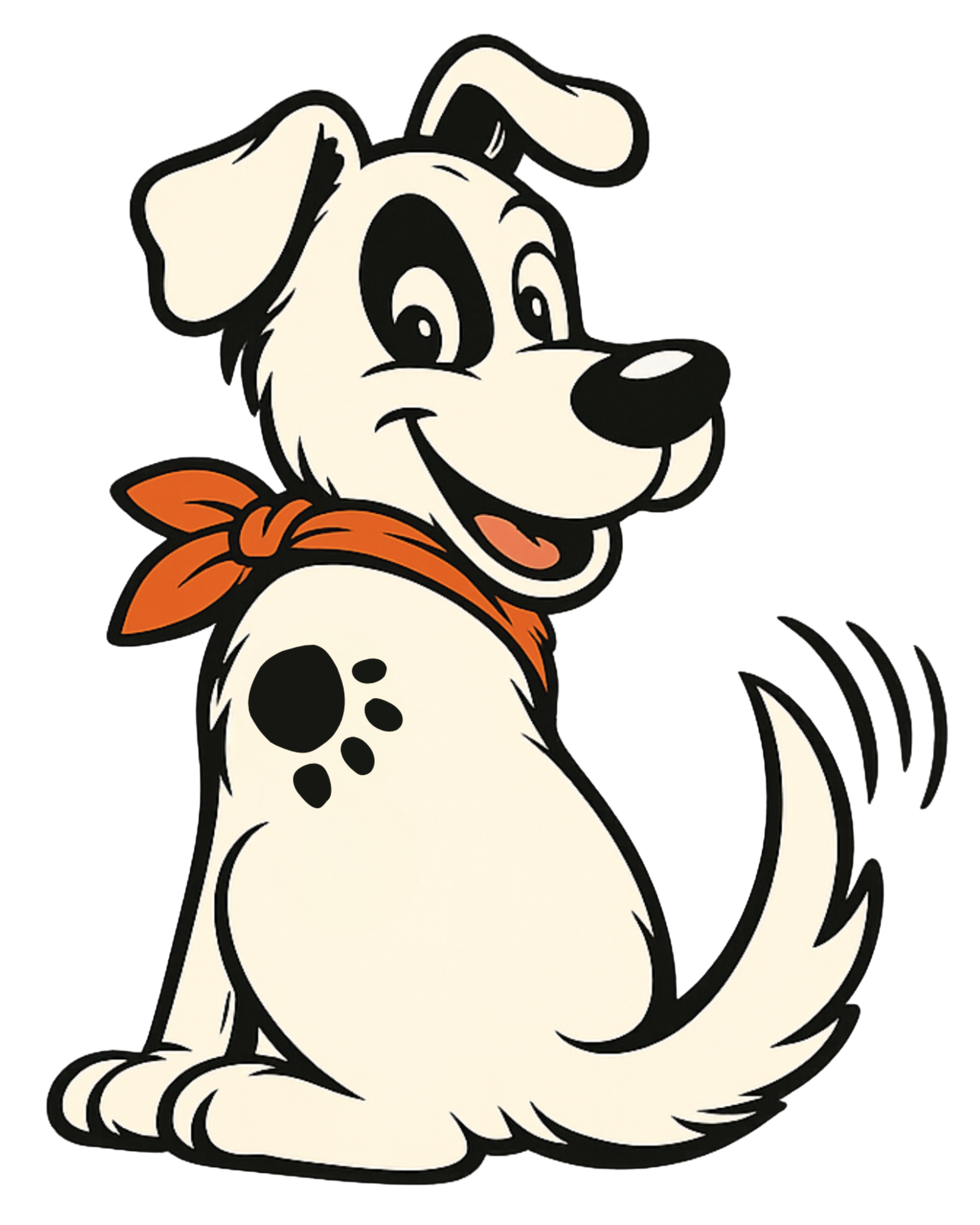 Illustration of our "Chief Happiness Officer," Winston. He is an off-white colored pup with a black ring around his right eye and five spots that resemble a paw print on his back. He is smiling, and wearing his trademark orange neck scarf.