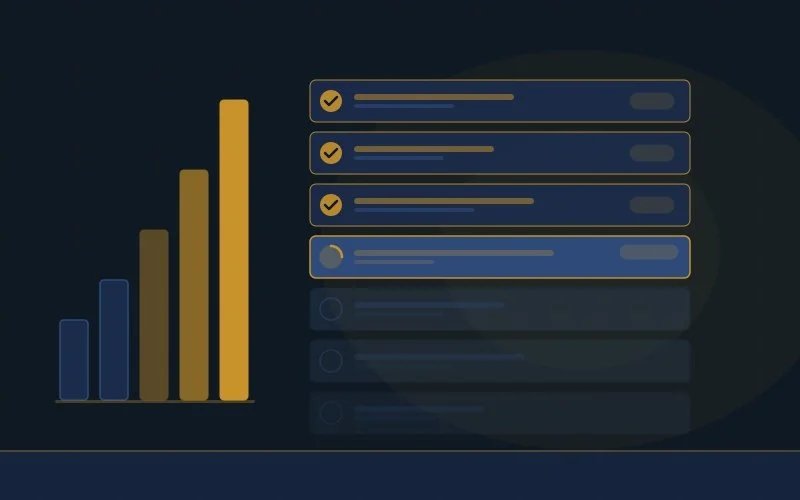 Dark-themed infographic with a bar chart on the left showing increasing blue and gold bars, and a list of items on the right with checkmarks next to some and a partially filled circle next to others, over a dark background.