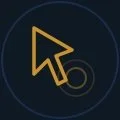 A yellow computer cursor arrow pointing at a gray circle on a dark blue background.