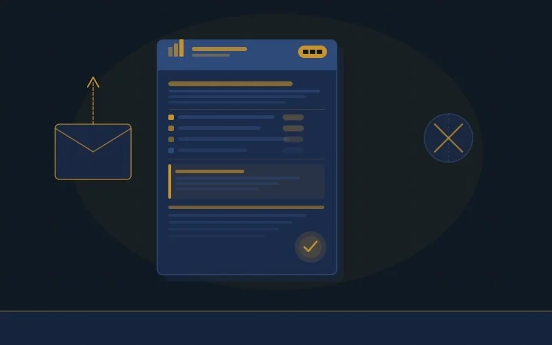 A digital illustration of a mobile device screen displaying an email or messaging application, with icons of an envelope and a cancel mark on either side.