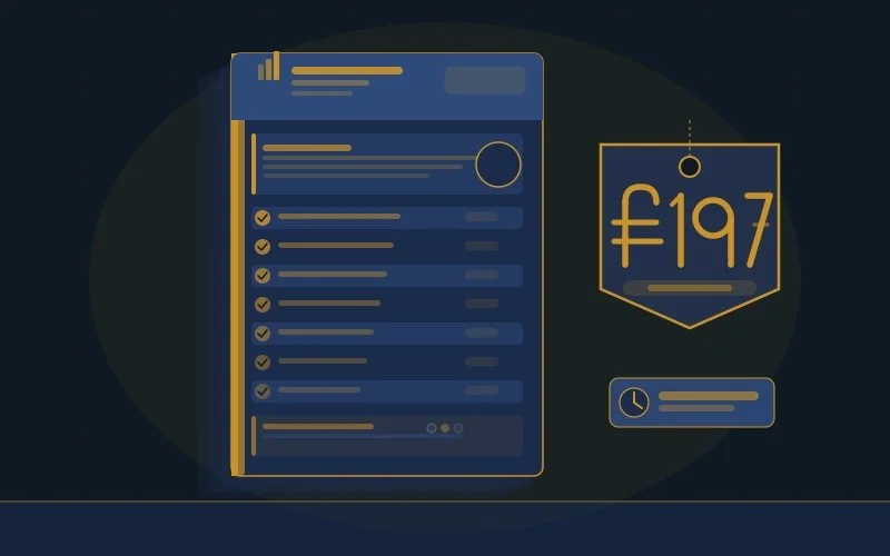Digital illustration of a checklist on a mobile device with a price tag displaying €197, and a clock icon.