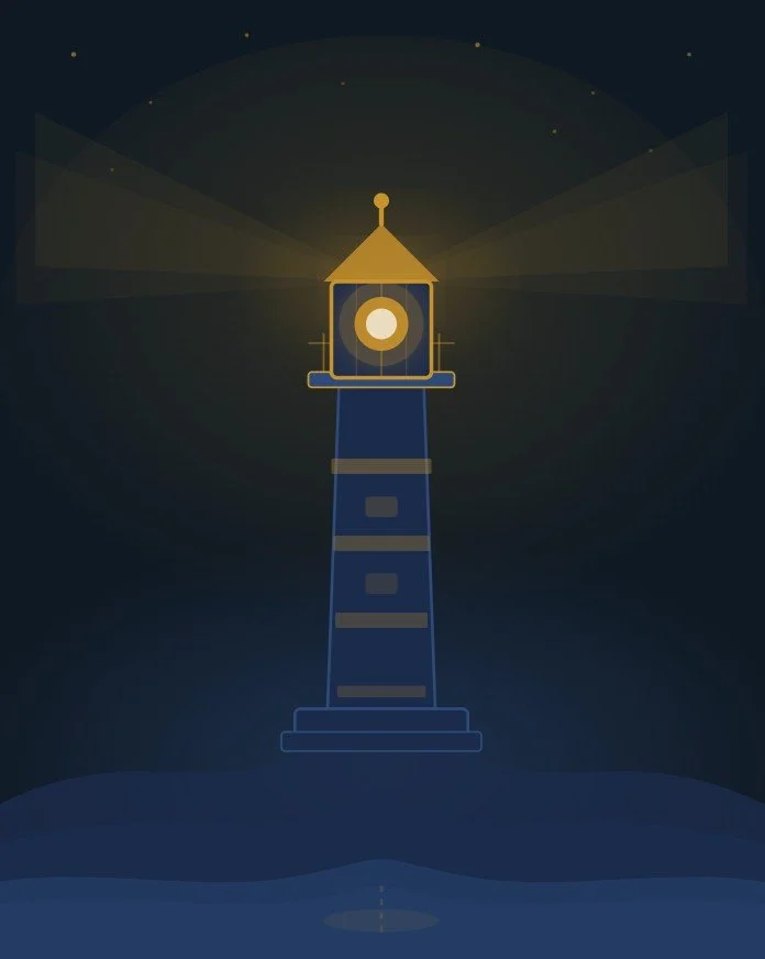 A lighthouse emitting light into the night sky with stars overhead.