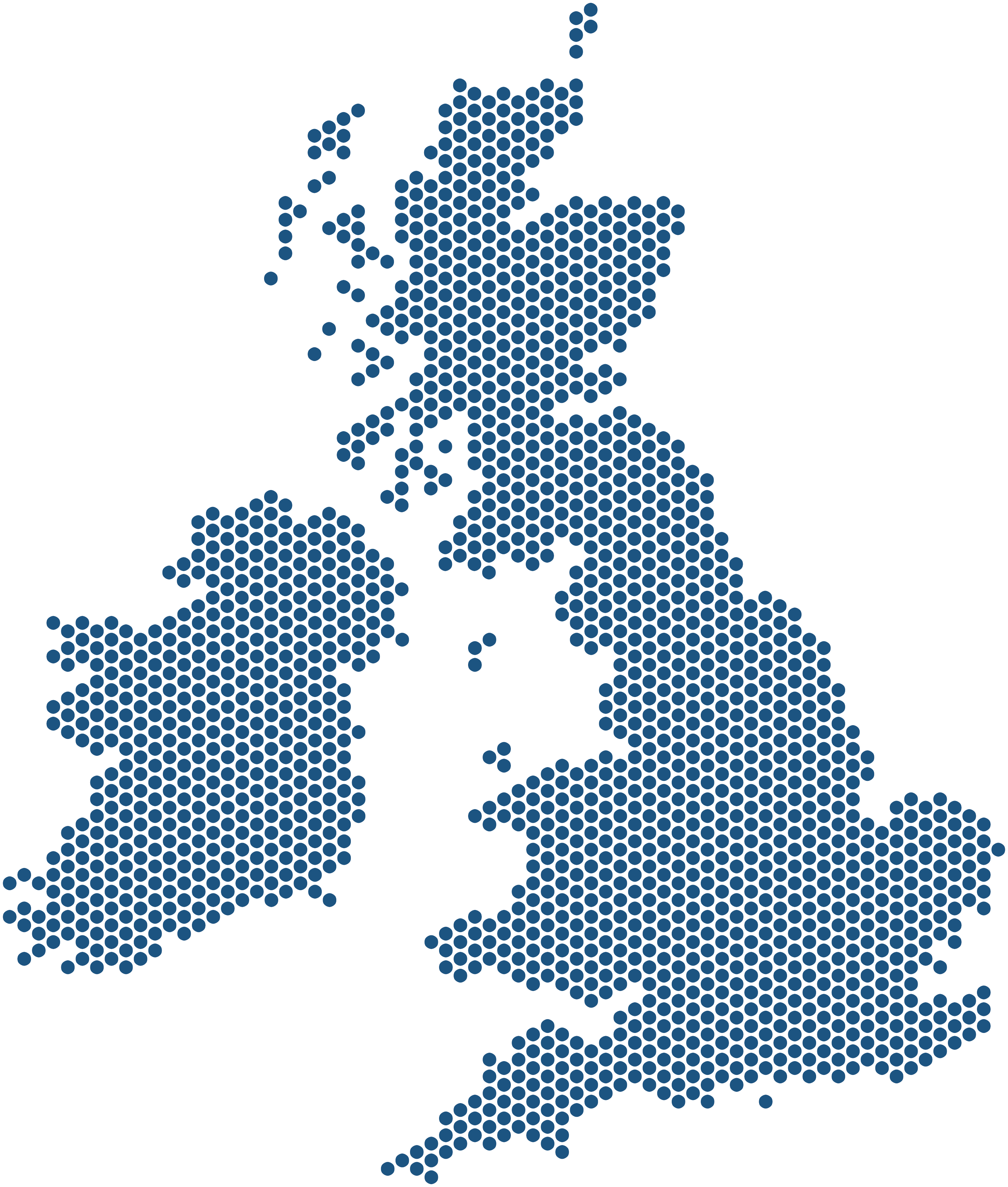 Stylized map of the United Kingdom made with blue dots on a black background.
