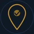 A dark background with a gold location pin icon
