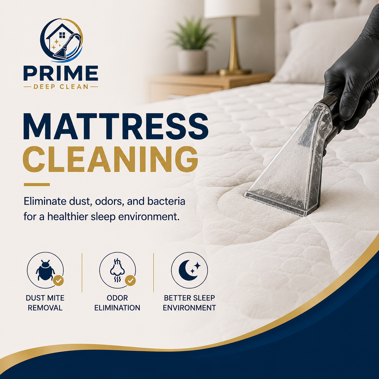 Professional mattress cleaning service by Prime Deep Clean showing deep extraction cleaning designed to remove dust, odors, and allergens.