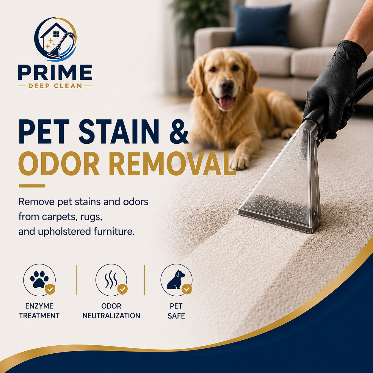 Professional pet stain and odor removal service by Prime Deep Clean showing carpet cleaning for pet odors and stains in residential homes.