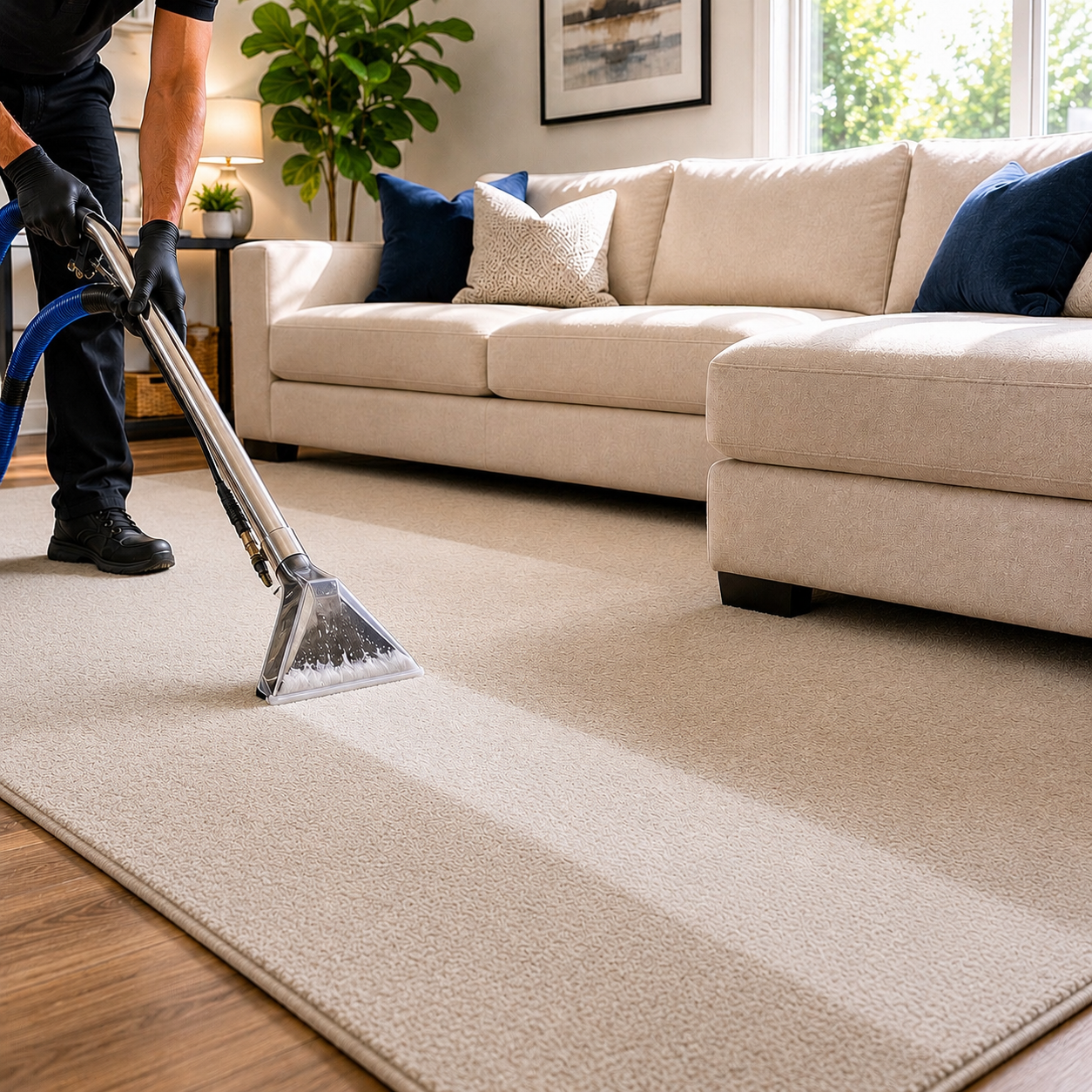 Professional carpet cleaning service by Prime Deep Clean showing hot water extraction cleaning on a beige carpet in a modern residential living room.